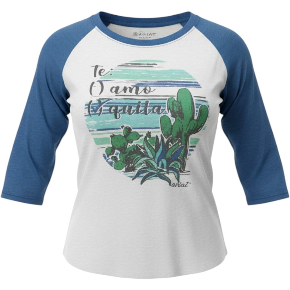 Ariat Te Amo Tequila Cactus Graphic Raglan Baseball Tee Blue White XXL